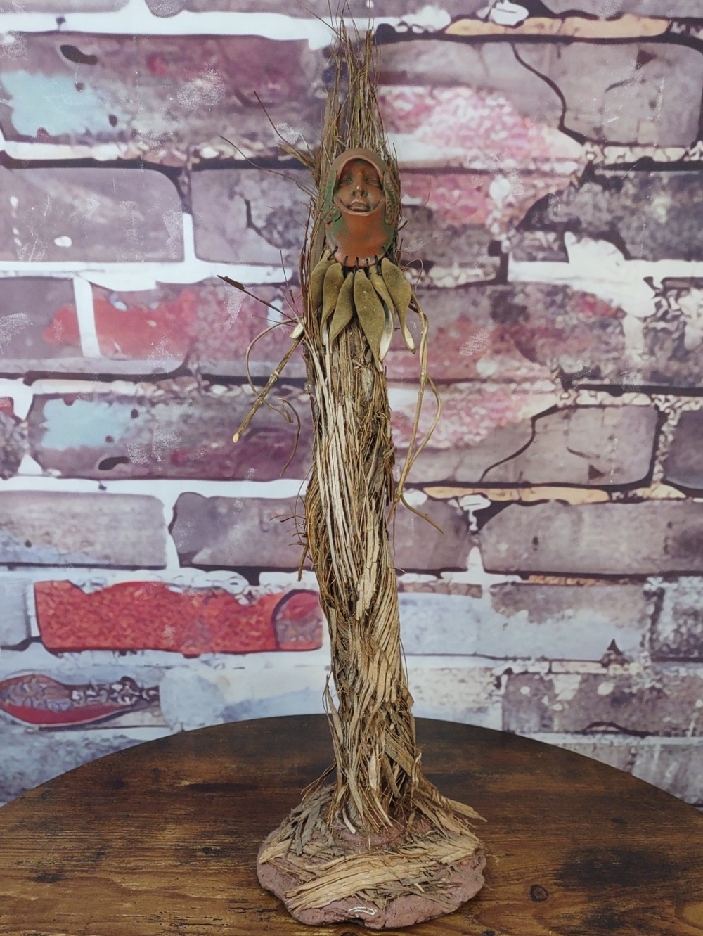 Rustic Brown Natural Fiber Tree Sculpture with Terracotta Face